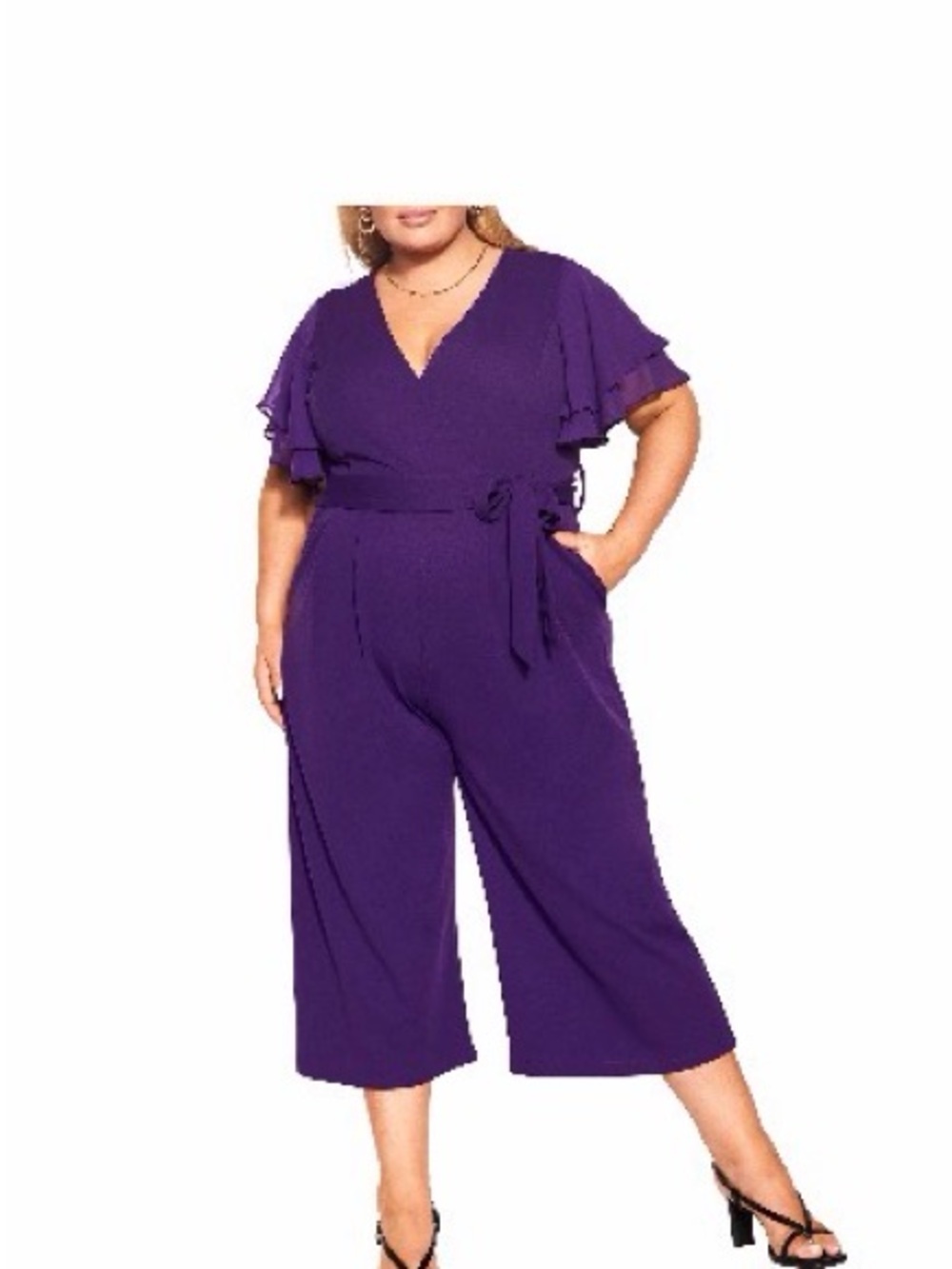 City Chic Purple V-Neck Flutter Sleeve Jumpsuit